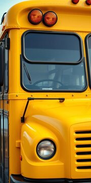 Yellow school bus with rounded edges and bright yellow color, wheels, windows