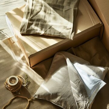 Open Cardboard Package with Folded Fabric and Twine