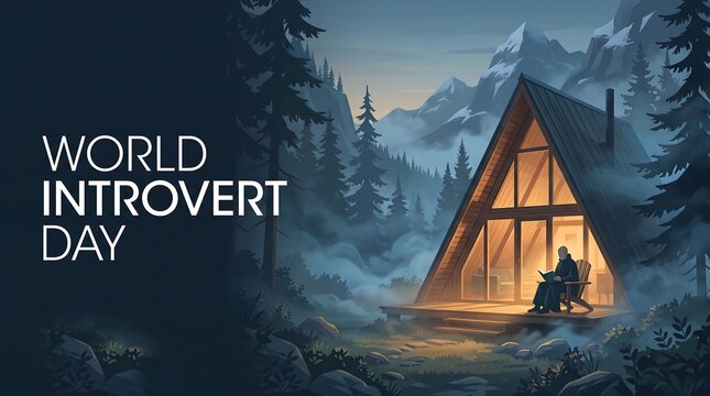 World Introvert Day Concept with Man Reading Book at A-Frame Cabin in Misty Pine Forest and Snowy Mountains Background