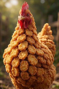 Funny chicken made of crispy chicken nuggets. Creative food art sculpture of hen using fried poultry snacks. Surreal poultry animal concept shaped from fast food pieces. Unique edible bird design for
