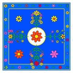 A blue square background, with a central, floral motif and, a decorative border, of small colorful... de © graphicdesignar