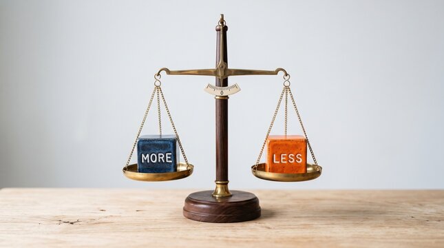 Balanced scale with blue and red containers on wooden base