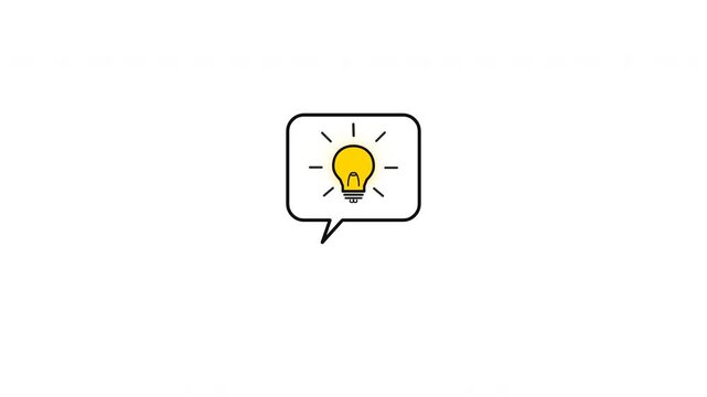 Hand drawn style cartoon speech bubble popping up with a glowing yellow lightbulb idea eureka moment on white background in a seamless loop 4K 60fps animation.