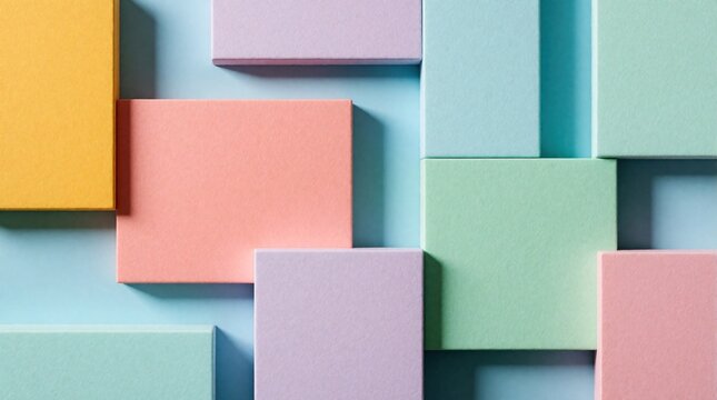 Abstract background with pastel color blocks. Minimalist geometric shapes in pink, yellow, mint, blue create modern pattern. Soft rectangles overlap on light surface. Creative layout with colorful