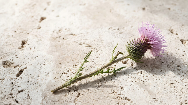 A single blooming canadian thistle resting on a textured light beige stone background in bright natural sunlight.