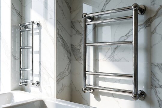 Modern chrome heated towel rail mounted on white marble wall in luxury bathroom. Shiny metal radiator provides warmth, comfort. Elegant interior design with stylish bathroom fixtures, marble tiles in