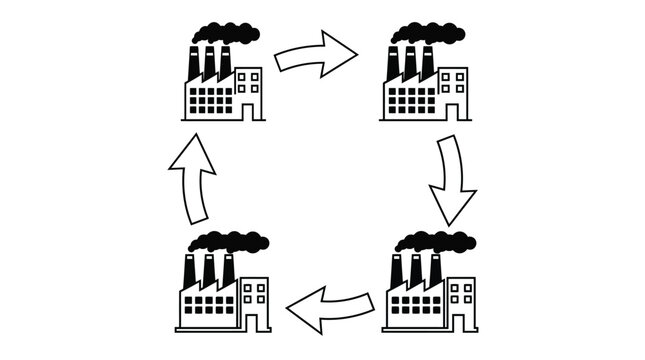 Industrial pollution cycle vector illustration showing continuous environmental impact through manufacturing plant emissions