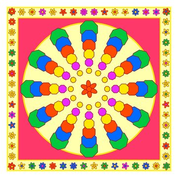 A circular mandala pattern with colorful octagons on a yellow background, and a floral, border frame d