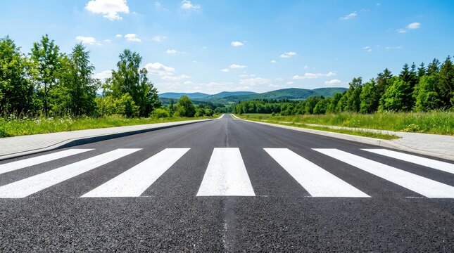 Frontal view of a paved road featuring a clear pedestrian crosswalk with white stripes, leading the eye straight into the distance, composition, bright, sun