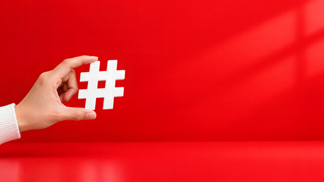 Hand holding white hashtag symbol on red background