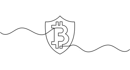 Obraz premium Bitcoin continuous one line drawing in shield minimalist cryptocurrency security symbol editable stroke vector illustration