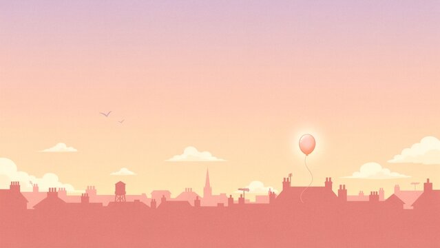 A single pink balloon floats above a suburban city skyline at sunset