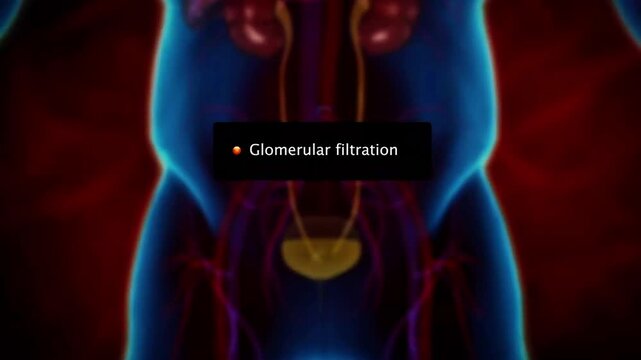 Steps of urine formation showing glomerular filtration, tubular reabsorption, secretion, and excretion.
