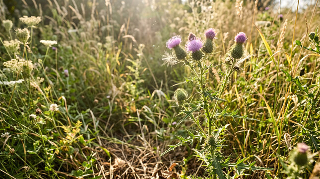 A sunlit field of blooming canadian thistle flowers in a lush green meadow during a warm autumn afternoon