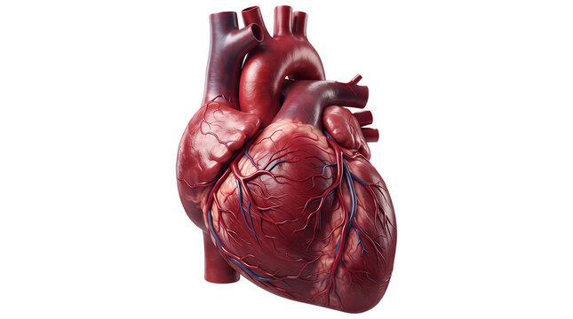 Realistic 3D Render of a Human Heart with Detailed Arteries and Veins Isolated on White Background