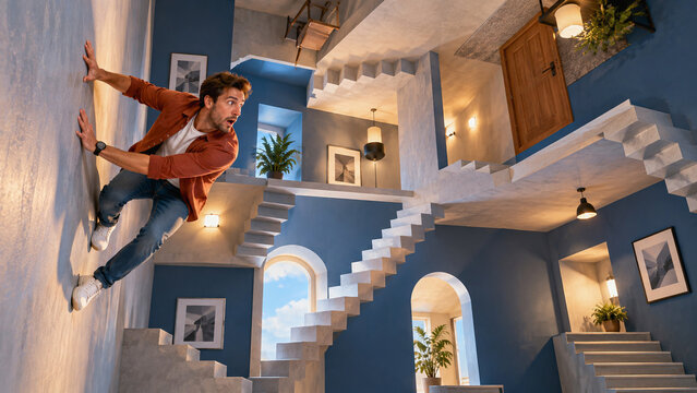 Man walking on wall in surreal room with upside down stairs and optical illusion architecture