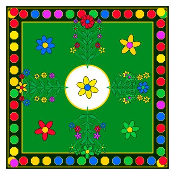 A green square frame with a border of colorful octagons and a central floral on white circle d
