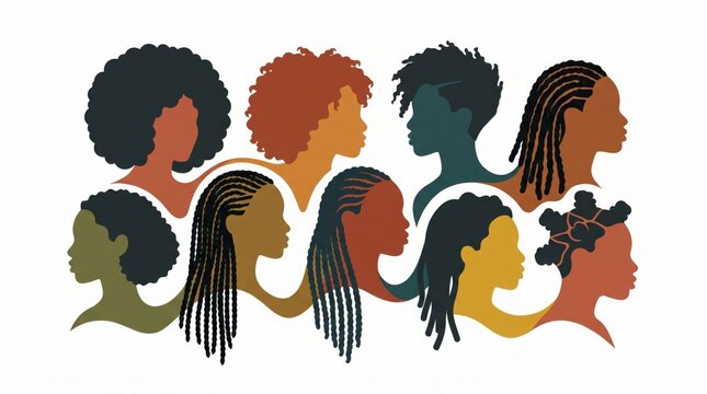 Black women vector illustration with diverse hairstyles and natural afro hair profiles