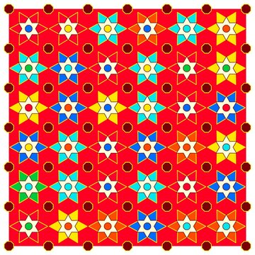A red background, with a repeating, pattern of colorful, six-pointed stars and, small brown octagons