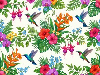 Fototapeta premium Seamless pattern with hummingbirds and vibrant flowers. Floral wallpaper with flying birds, tropical leaves, and blossoms in high resolution, wing, botanical, watercolor
