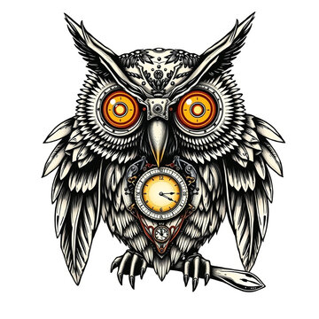 Steampunk owl with glowing eyes and clock mechanism