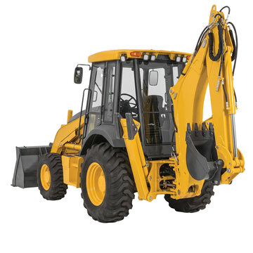 Yellow heavy construction backhoe loader rear three-quarter view isolated on transparent background
