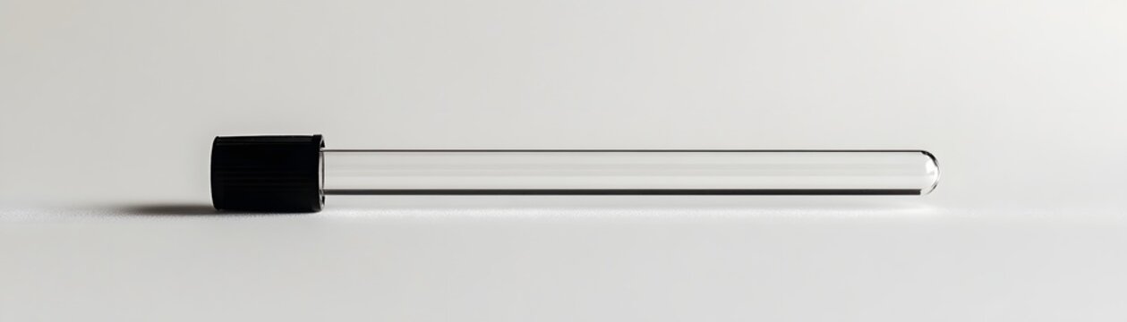 Clear glass test tube with black cap on white background, minimalist