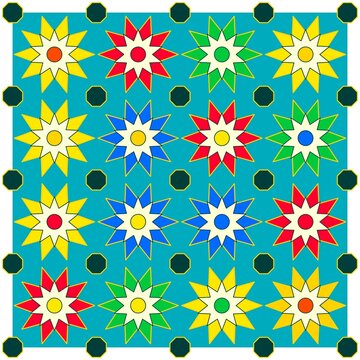 A repeating pattern of colorful star-shaped flowers and dark octagons on a bright blue background de