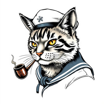 Sailor cat smoking a pipe wearing uniform