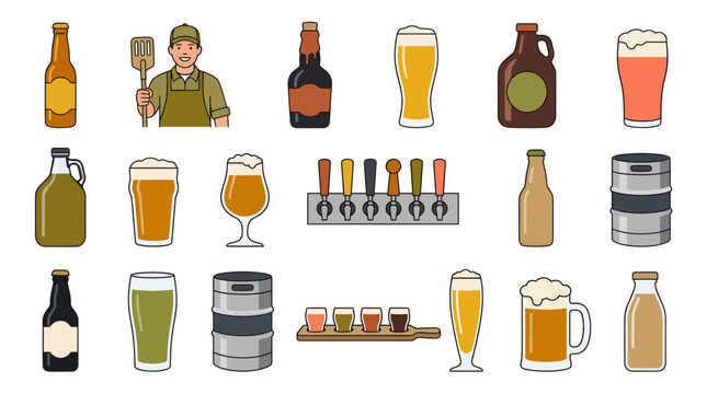 Set of colorful craft beer icons and brewing elements.