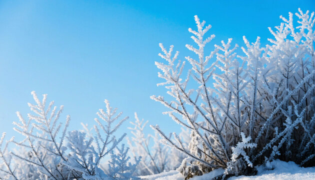 Frosty winter landscape with frozen plants under a clear blue sky