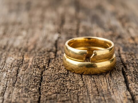 Two classic gold wedding rings are stacked on a rustic, weathered wood surface. One band is whole, while the other is visibly broken, metalwork, union, damaged