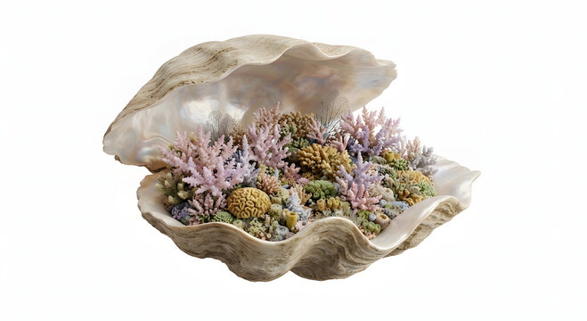 Colorful coral reef ecosystem miniature growing inside an open giant clam shell isolated on a clean white background.