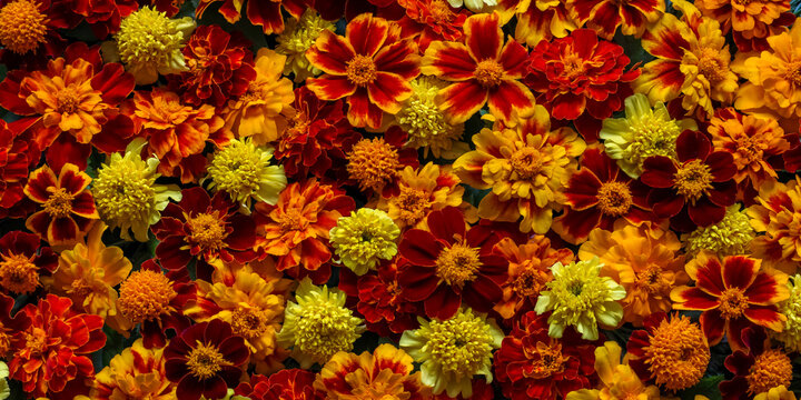 Wide floral banner with a dense arrangement of marigold flowers in burgundy, red, orange and yellow tones, viewed from above.