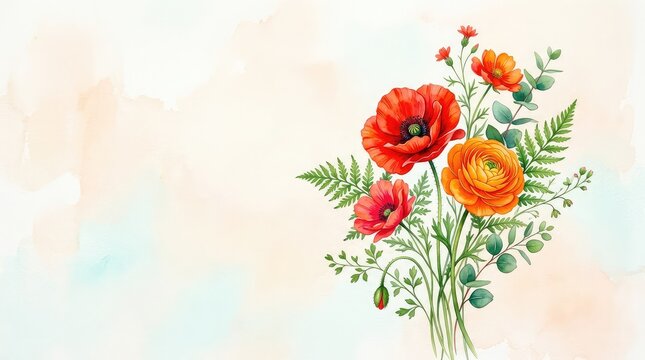 Vibrant watercolor flowers in shades of red, orange, and green with delicate stems and leaves, set against a painted artistic background, drawing, design, abstract