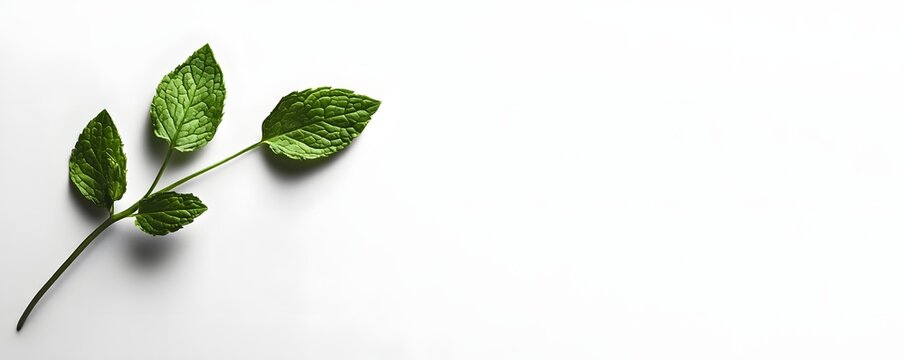 Fresh mint sprig on white background with soft shadow, minimal