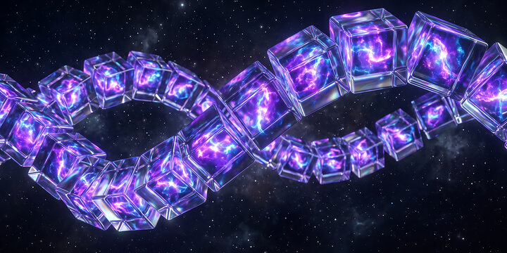 Interconnected glowing purple energy cubes forming an infinite spiral in vast starry outer space, representing universal connections and quantum physics.
