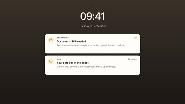 Smartphone lock screen in landscape orientation displaying stacked notifications for parcel delivery, missing documents, and billing statement. Dark gradient display animates alerts for productivity.
