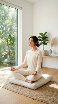 Woman Meditating at Home in Lotus Pose, Mindfulness and Wellness