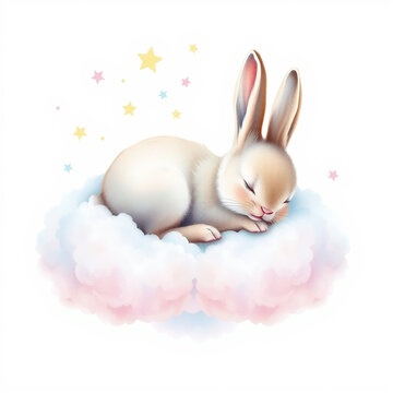Soft watercolor illustration of a cute bunny sleeping on cloud
