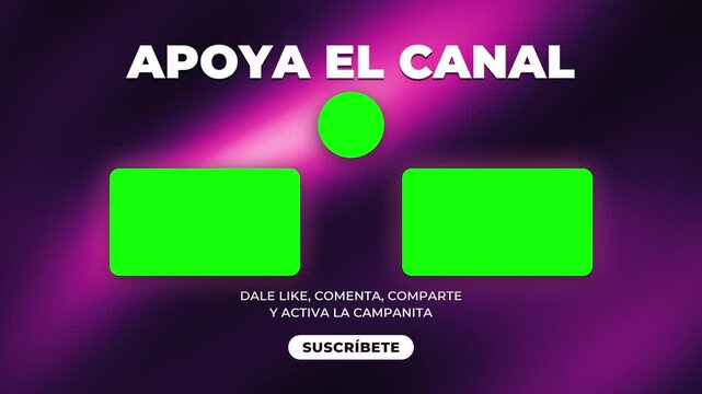 Animated end screen template in Spanish with glowing purple neon backdrop. Green chroma key placeholders and subscribe button deliver call to action: like, comment, share and ring the bell.