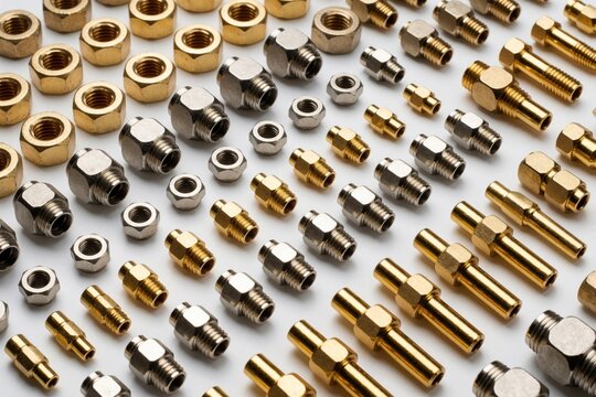 Large assortment of brass, steel pneumatic fittings on white background. Collection includes hose barbs, quick couplers, metal adapters for fluid engineering. Pro industrial hardware set for workshop