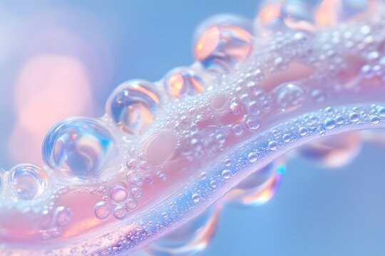 Iridescent bubbles and droplets on pastel glossy surface, macro