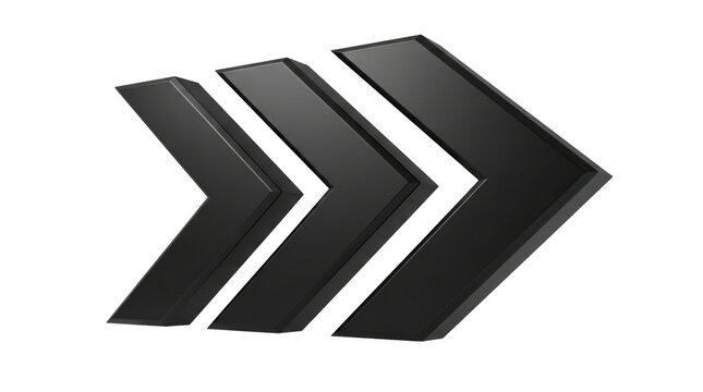 Three dimensional black chevron arrows pointing to the right on a white background symbolizing progress and forward movement