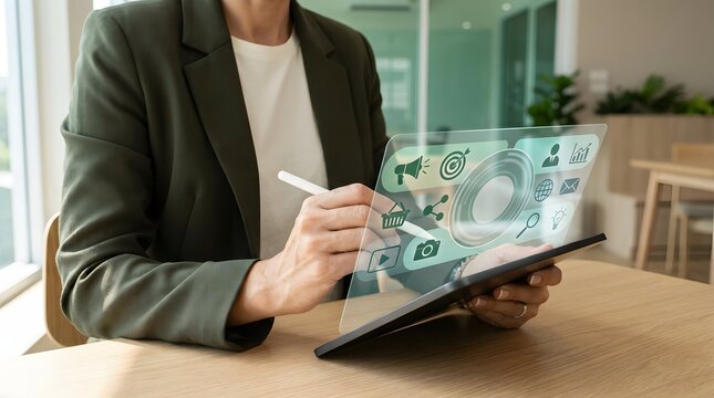 Digital marketing icons displayed on a transparent tablet screen