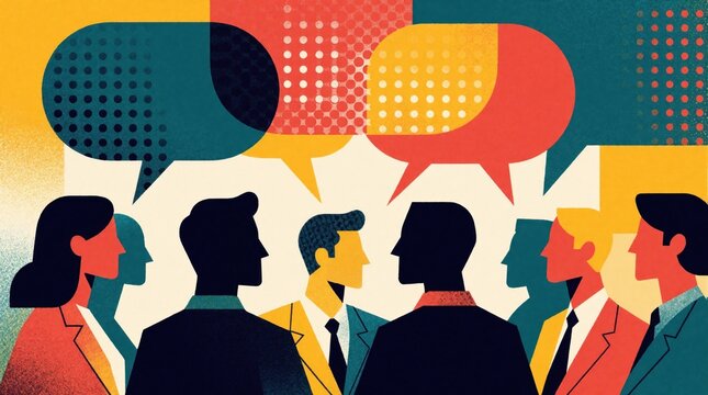 Business people engage in deep discussion during pro meeting. Diverse group of professionals exchange ideas using colorful speech bubbles. Concept of effective communication, teamwork, strategic