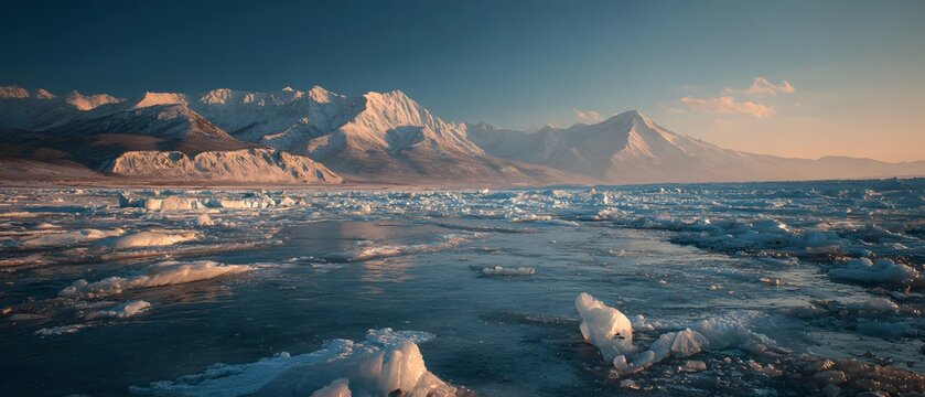 Snow-covered mountains and sea ice at warm sunset light
