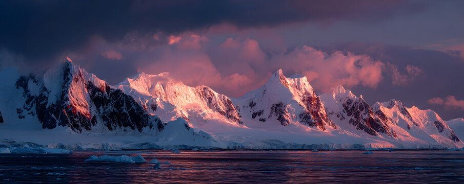 Snow-covered mountain peaks bathed in pink alpenglow over sea