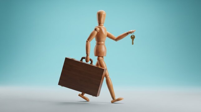 Wooden mannequin holding key and briefcase walking