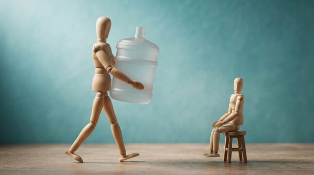 Wooden mannequin carrying water bottle with another sitting on stool